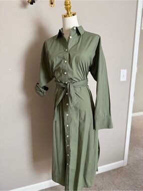 J.Crew Olive Sage Belted Shirt Dress Cotton Poplin Midi Minimalist | Size 8